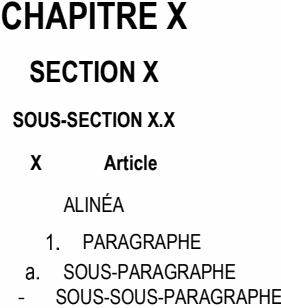 CHAPITRE X SECTION X SOUS-SECTION X.X X Article ALINÉA PARAGRAPHE SOUS-PARAGRAPHE - SOUS-SOUS-PARAGRAPHE