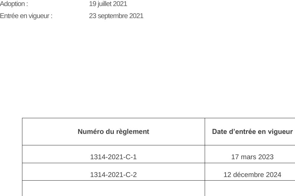 Adoption : 19 juillet 2021 Entrée en vigueur : 23 septembre 2021 Numéro du règlement Date d’entrée en vigueur 1314-2021-C-1 17 mars 2023 1314-2021-C-2 12 décembre 2024