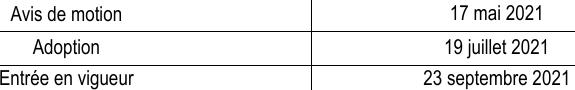 Avis de motion 17 mai 2021 Adoption 19 juillet 2021 Entrée en vigueur 23 septembre 2021