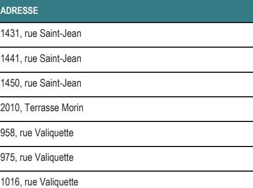 2010, Terrasse Morin 1431, rue Saint-Jean 1441, rue Saint-Jean 1450, rue Saint-Jean 1016, rue Valiquette 975, rue Valiquette 958, rue Valiquette ADRESSE