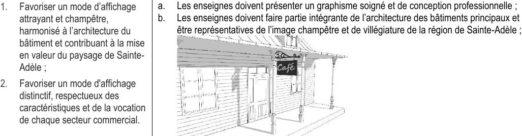 2. Favoriser un mode d'affichage distinctif, respectueux des caractéristiques et de la vocation de chaque secteur commercial. a. Les enseignes doivent présenter un graphisme soigné et de conception professionnelle ; 1. Favoriser un mode d’affichage attrayant et champêtre, harmonisé à l’architecture du bâtiment et contribuant à la mise en valeur du paysage de Sainte- Adèle ; b. Les enseignes doivent faire partie intégrante de l’architecture des bâtiments principaux et être représentatives de l’image champêtre et de villégiature de la région de Sainte-Adèle ;