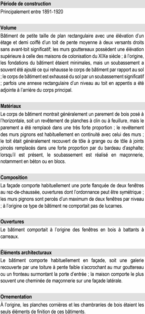 Bâtiment de petite taille de plan rectangulaire avec une élévation d’un étage et demi coiffé d’un toit de pente moyenne à deux versants droits sans avant-toit significatif; les murs gouttereaux possèdent une élévation supérieure à celle des maisons de colonisation du XIXe siècle ; à l’origine, les fondations du bâtiment étaient minimales, mais un soubassement a souvent été ajouté ce qui rehausse le corps de bâtiment par rapport au sol ; le corps de bâtiment est exhaussé du sol par un soubassement significatif ; parfois une annexe rectangulaire d’un niveau au toit en appentis a été adjointe à l’arrière du corps principal. Matériaux Le corps de bâtiment montrait généralement un parement de bois posé à l’horizontale, soit un revêtement de planches à clin ou à feuillure, mais le parement a été remplacé dans une très forte proportion ; le revêtement des murs pignons est habituellement en continuité avec celui des murs ; le toit était généralement recouvert de tôle à grange ou de tôle à joints pincés remplacés dans une forte proportion par du bardeau d’asphalte; lorsqu’il est présent, le soubassement est réalisé en maçonnerie, notamment en béton ou en blocs. Composition La façade comporte habituellement une porte flanquée de deux fenêtres au rez-de-chaussée, ouvertures dont l’ordonnance peut être symétrique ; les murs pignons sont percés d’un maximum de deux fenêtres par niveau ; à l’origine ce type de bâtiment ne comportait pas de lucarnes. Ouvertures Le bâtiment comporte habituellement en façade, soit une galerie recouverte par une toiture à pente faible s’accrochant au mur gouttereau ou un fronteau surmontant la porte d’entrée ; la maison comporte le plus souvent une cheminée de maçonnerie sur une façade latérale. Le bâtiment comportait à l’origine des fenêtres en bois à battants à carreaux. À l’origine, les planches cornières et les chambranles de bois étaient les seuls éléments de finition de ces bâtiments. Principalement entre 1891-1920 Volume Éléments architecturaux Période de construction Ornementation