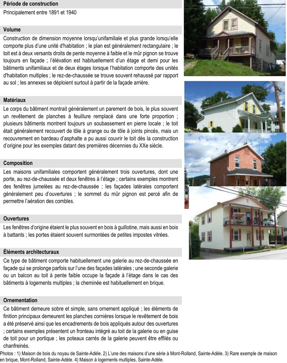 Ce bâtiment demeure sobre et simple, sans ornement appliqué ; les éléments de finition principaux demeurent les planches cornières lorsque le revêtement de bois a été préservé ainsi que les encadrements de bois appliqués autour des ouvertures ; certains exemples présentent un fronteau intégré au toit de la galerie ou en guise de toit pour un portique ; les poteaux carrés de la galerie peuvent être effilés ou chanfreinés. Photos : 1) Maison de bois du noyau de Sainte-Adèle. 2) L’une des maisons d’une série à Mont-Rolland, Sainte-Adèle. 3) Rare exemple de maison en brique, Mont-Rolland, Sainte-Adèle. 4) Maison à logements multiples, Sainte-Adèle. Construction de dimension moyenne lorsqu’unifamiliale et plus grande lorsqu’elle comporte plus d’une unité d'habitation ; le plan est généralement rectangulaire ; le toit est à deux versants droits de pente moyenne à faible et le mûr pignon se trouve toujours en façade ; l’élévation est habituellement d’un étage et demi pour les bâtiments unifamiliaux et de deux étages lorsque l’habitation comporte des unités d'habitation multiples ; le rez-de-chaussée se trouve souvent rehaussé par rapport au sol ; les annexes se déploient surtout à partir de la façade arrière. Le corps du bâtiment montrait généralement un parement de bois, le plus souvent un revêtement de planches à feuillure remplacé dans une forte proportion ; plusieurs bâtiments montrent toujours un soubassement en pierre locale ; le toit était généralement recouvert de tôle à grange ou de tôle à joints pincés, mais un recouvrement en bardeau d’asphalte a pu aussi couvrir le toit dès la construction d’origine pour les exemples datant des premières décennies du XXe siècle. Les maisons unifamiliales comportent généralement trois ouvertures, dont une porte, au rez-de-chaussée et deux fenêtres à l’étage ; certains exemples montrent des fenêtres jumelées au rez-de-chaussée ; les façades latérales comportent généralement peu d’ouvertures ; le sommet du mûr pignon est percé afin de permettre l’aération des combles. Ce type de bâtiment comporte habituellement une galerie au rez-de-chaussée en façade qui se prolonge parfois sur l’une des façades latérales ; une seconde galerie ou un balcon au toit à pente faible occupe la façade à l’étage dans le cas des bâtiments à logements multiples ; la cheminée est habituellement en brique. Les fenêtres d’origine étaient le plus souvent en bois à guillotine, mais aussi en bois à battants ; les portes étaient souvent surmontées de petites impostes vitrées. Principalement entre 1891 et 1940 Éléments architecturaux Période de construction Ornementation Composition Ouvertures Matériaux Volume