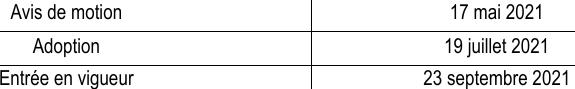 Avis de motion 17 mai 2021 Adoption 19 juillet 2021 Entrée en vigueur 23 septembre 2021