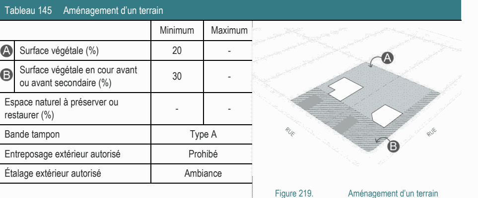 Étalage extérieur autorisé Ambiance Figure 219. Aménagement d’un terrain Tableau 145 Aménagement d’un terrain Minimum Maximum Bande tampon Type A Entreposage extérieur autorisé Prohibé Espace naturel à préserver ou - - restaurer (%) Surface végétale en cour avant 30 - ou avant secondaire (%) Surface végétale (%) 20 -