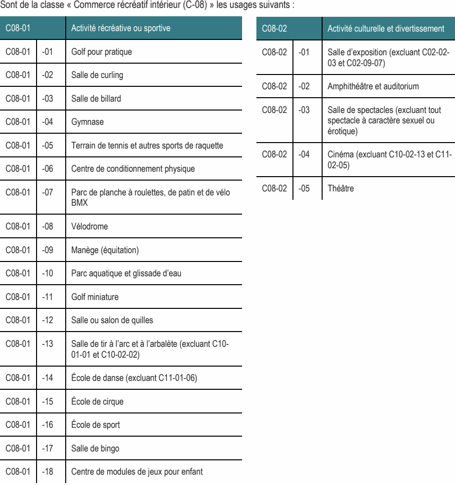 C08-01 -01 Golf pour pratique C08-02 -01 Salle d’exposition (excluant C02-02- 03 et C02-09-07) C08-01 -02 Salle de curling C08-02 -02 Amphithéâtre et auditorium C08-01 -03 Salle de billard C08-02 -03 Salle de spectacles (excluant tout C08-01 -04 Gymnase spectacle à caractère sexuel ou érotique) C08-01 -05 Terrain de tennis et autres sports de raquette C08-02 -04 Cinéma (excluant C10-02-13 et C11- 02-05) C08-01 -06 Centre de conditionnement physique C08-02 -05 Théâtre C08-01 -13 Salle de tir à l’arc et à l’arbalète (excluant C10- 01-01 et C10-02-02) C08-01 Activité récréative ou sportive C08-02 Activité culturelle et divertissement C08-01 -07 Parc de planche à roulettes, de patin et de vélo BMX Sont de la classe « Commerce récréatif intérieur (C-08) » les usages suivants : C08-01 -18 Centre de modules de jeux pour enfant C08-01 -14 École de danse (excluant C11-01-06) C08-01 -10 Parc aquatique et glissade d’eau C08-01 -12 Salle ou salon de quilles C08-01 -09 Manège (équitation) C08-01 -15 École de cirque C08-01 -16 École de sport C08-01 -17 Salle de bingo C08-01 -11 Golf miniature C08-01 -08 Vélodrome