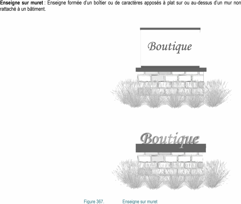 Enseigne sur muret : Enseigne formée d’un boîtier ou de caractères apposés à plat sur ou au-dessus d’un mur non rattaché à un bâtiment. Figure 367. Enseigne sur muret