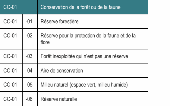 CO-01 -03 Forêt inexploitée qui n’est pas une réserve CO-01 -04 Aire de conservation CO-01 -05 Milieu naturel (espace vert, milieu humide) CO-01 Conservation de la forêt ou de la faune CO-01 -01 Réserve forestière CO-01 -02 Réserve pour la protection de la faune et de la flore CO-01 -06 Réserve naturelle