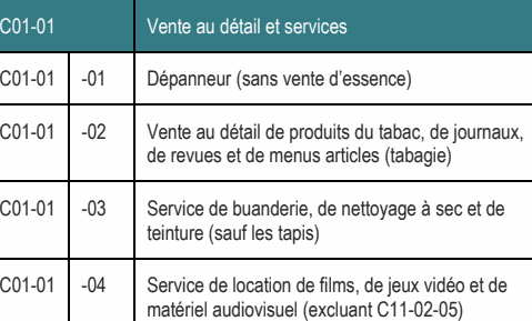 C01-01 -04 Service de location de films, de jeux vidéo et de matériel audiovisuel (excluant C11-02-05) C01-01 -02 Vente au détail de produits du tabac, de journaux, de revues et de menus articles (tabagie) C01-01 -03 Service de buanderie, de nettoyage à sec et de teinture (sauf les tapis) C01-01 -01 Dépanneur (sans vente d’essence) C01-01 Vente au détail et services