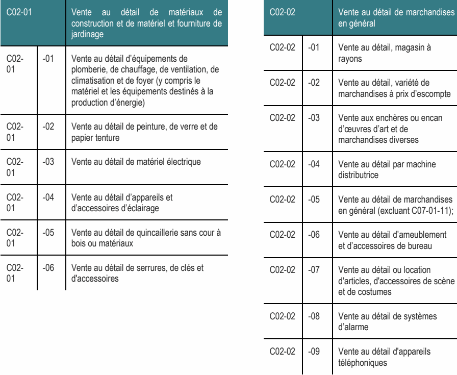 C02-01 Vente au détail de matériaux de C02-02 Vente au détail de marchandises construction et de matériel et fourniture de en général jardinage C02-02 -01 Vente au détail, magasin à C02- -01 Vente au détail d’équipements de rayons 01 plomberie, de chauffage, de ventilation, de climatisation et de foyer (y compris le C02-02 -02 Vente au détail, variété de matériel et les équipements destinés à la marchandises à prix d’escompte production d’énergie) C02-02 -03 Vente aux enchères ou encan C02- -02 Vente au détail de peinture, de verre et de d’œuvres d’art et de 01 papier tenture marchandises diverses C02- -06 Vente au détail de serrures, de clés et C02-02 -07 Vente au détail ou location 01 d'accessoires d'articles, d'accessoires de scène et de costumes C02- -05 Vente au détail de quincaillerie sans cour à C02-02 -06 Vente au détail d’ameublement 01 bois ou matériaux et d’accessoires de bureau C02- -04 Vente au détail d’appareils et C02-02 -05 Vente au détail de marchandises 01 d’accessoires d’éclairage en général (excluant C07-01-11); C02- -03 Vente au détail de matériel électrique C02-02 -04 Vente au détail par machine 01 distributrice C02-02 -08 Vente au détail de systèmes d’alarme C02-02 -09 Vente au détail d'appareils téléphoniques
