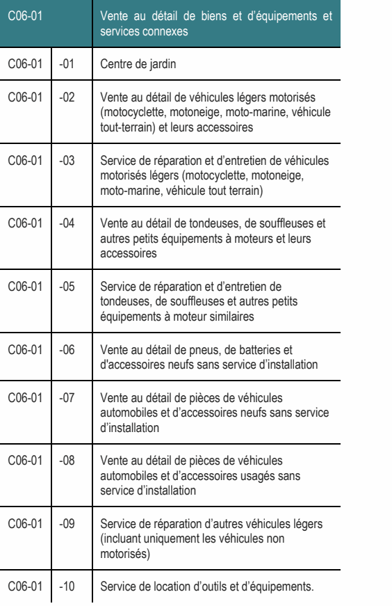 C06-01 -02 Vente au détail de véhicules légers motorisés (motocyclette, motoneige, moto-marine, véhicule tout-terrain) et leurs accessoires C06-01 -03 Service de réparation et d’entretien de véhicules motorisés légers (motocyclette, motoneige, moto-marine, véhicule tout terrain) C06-01 -07 Vente au détail de pièces de véhicules automobiles et d’accessoires neufs sans service d’installation C06-01 -04 Vente au détail de tondeuses, de souffleuses et autres petits équipements à moteurs et leurs accessoires C06-01 -09 Service de réparation d’autres véhicules légers (incluant uniquement les véhicules non motorisés) C06-01 -05 Service de réparation et d’entretien de tondeuses, de souffleuses et autres petits équipements à moteur similaires C06-01 -08 Vente au détail de pièces de véhicules automobiles et d’accessoires usagés sans service d’installation C06-01 Vente au détail de biens et d’équipements et services connexes C06-01 -06 Vente au détail de pneus, de batteries et d'accessoires neufs sans service d’installation C06-01 -10 Service de location d’outils et d’équipements. C06-01 -01 Centre de jardin