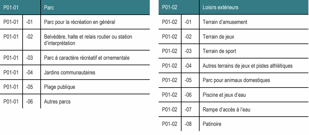 P01-01 -02 Belvédère, halte et relais routier ou station P01-02 -02 Terrain de jeux d’interprétation P01-02 -03 Terrain de sport P01-01 -03 Parc à caractère récréatif et ornementale P01-02 -04 Autres terrains de jeux et pistes athlétiques P01-01 -04 Jardins communautaires P01-02 -05 Parc pour animaux domestiques P01-01 -05 Plage publique P01-02 -06 Piscine et jeux d’eau P01-01 -06 Autres parcs P01-02 -07 Rampe d’accès à l’eau P01-01 Parc P01-02 Loisirs extérieurs P01-01 -01 Parc pour la récréation en général P01-02 -01 Terrain d’amusement P01-02 -08 Patinoire