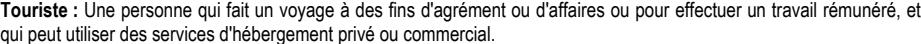 Une personne qui fait un voyage à des fins d'agrément ou d'affaires ou pour effectuer un travail rémunéré, et qui peut utiliser des services d'hébergement privé ou commercial. Touriste :